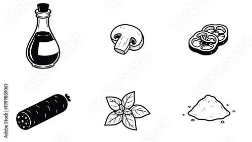 Black and White Food Ingredients Icons Set for Cooking and Recipe Design. Hand Drawn Line Art Collection