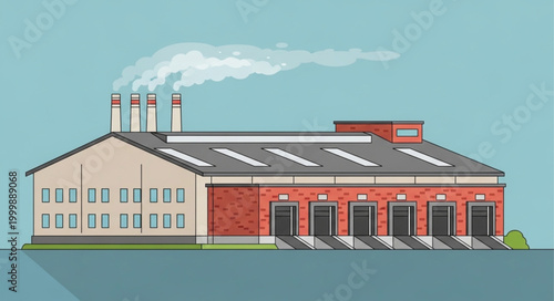 Industrial factory building with smoke stacks emitting steam.