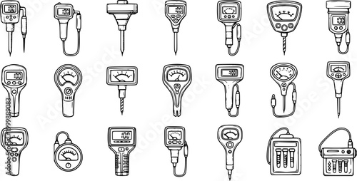 Hand-Drawn Line Art Collection of Soil Testers and Garden Meters. Set of Agriculture and Horticulture Measuring Devices for Plant pH, Moisture, and Light.