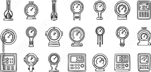 Black  White Line Art Measurement Gauges and Meters Set. Hand-drawn Industrial, Automotive, and Science Instruments Vector Icons.