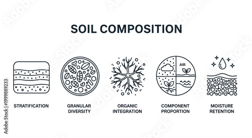 Soil composition infographics with icons showing soil structure and properties.