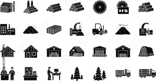 Set of sawmill and lumber industry icons featuring wood processing machinery forestry equipment timber production and industrial manufacturing symbols in flat black vector style