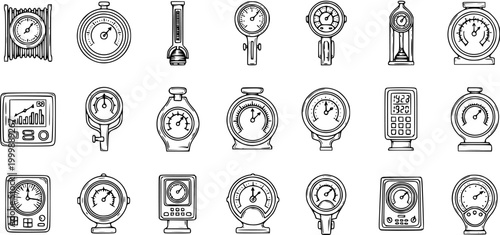 Black and White Line Art Icons of Various Measuring Gauges and Dials