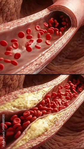 Blood Flow Blockage of a narrowed artery with atherosclerotic plaque and red blood cells causing vascular obstruction.
