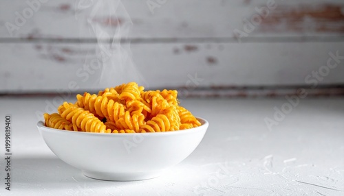 Steaming rotini pasta in a white bowl, symbolizing warmth, freshness, and appetizing comfort food.