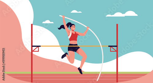Female athlete performing professional pole vault jump over horizontal bar at outdoor stadium under clear blue sky.