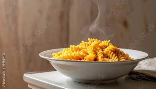 Steaming rotini pasta in a white bowl, symbolizing warmth, freshness, and appetizing comfort food.