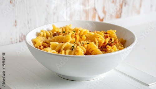 Steaming rotini pasta in a white bowl, symbolizing warmth, freshness, and appetizing comfort food.