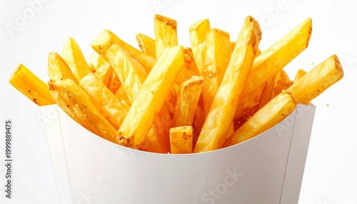 Golden French fries in a white paper container, symbolizing fast food, snack, and casual dining.