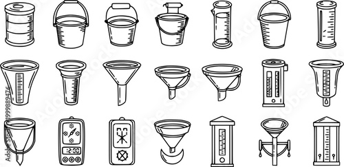 Black and White Line Art Icons Set of Meteorology and Weather Measurement Tools: Rain Gauges, Funnels, Buckets, and Cylinders.