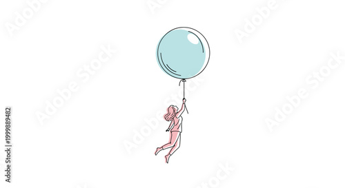 Creative line art illustration of young woman being lifted into the air by giant blue balloon representing freedom.