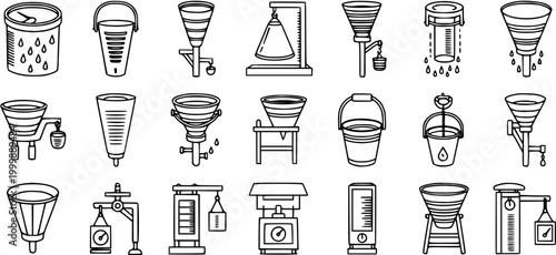 Black and White Line Art Collection of Rain Gauges and Weather Measuring Instruments