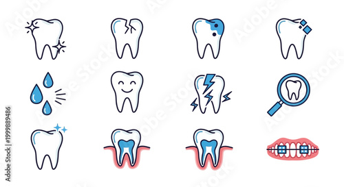 Set of dental icons illustrating various oral health conditions and dental treatments.