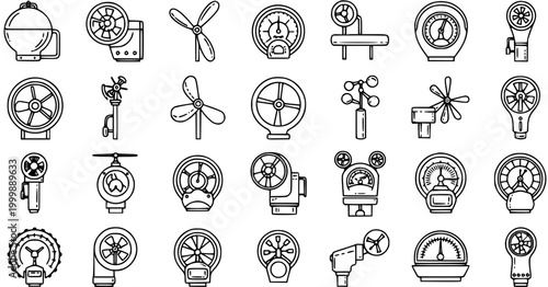 Schilderij op canvas Black and White Line Art Icons of Anemometers and Fans for Weather and Industria