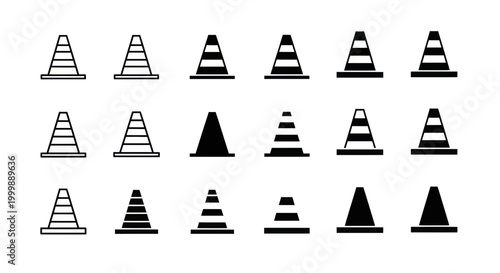 Set of Traffic Cones Icons, Warning Symbols, Safety Equipment, Isolated on White
