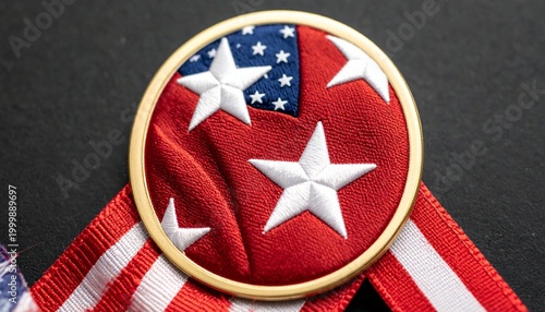 A circular badge featuring the United States flag, symbolizing patriotism, identity, and national pride.