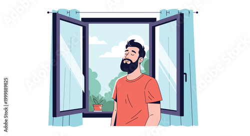 Relaxed bearded man stands at a large open window to breathe in fresh air and enjoy the beautiful outdoor park scenery.