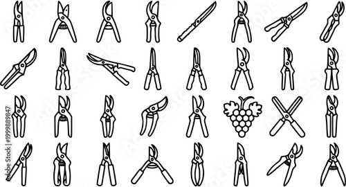 Gardening and Viticulture Pruning Shears Line Art Icons Set. Agriculture and Landscaping Tools Collection with Grape Bunch Symbol.