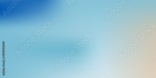 Abstract seaside. Ocean landscape vector texture. Aesthetic blue and beige gradient background. Blurred sea wave pattern. Sun, clouds, rays. Ocean breeze wide banner