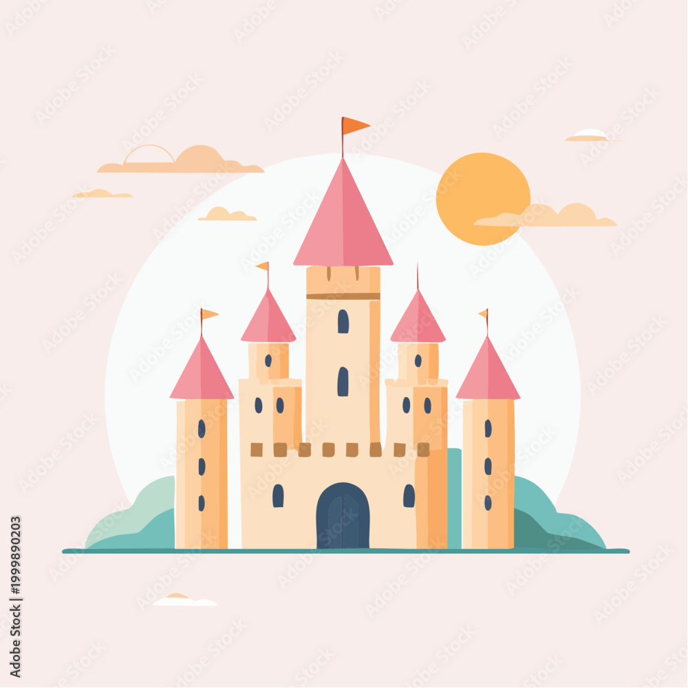 Fototapeta premium Fairytale castle with pink towers and flags under a bright sun and clouds