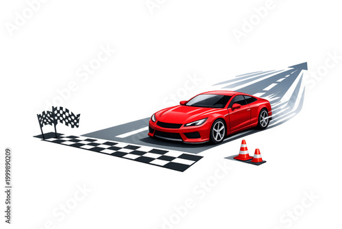 red sports car, finish line, race victory, winning car, motorsport champion, racing competition, first place finish, speed and power, race track finish, victory moment, high speed car, performance veh