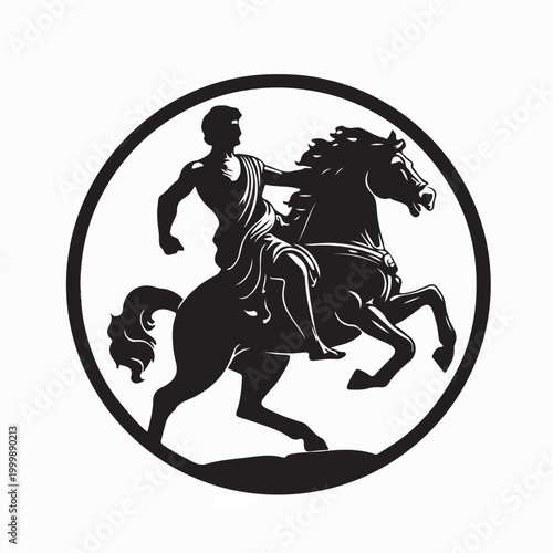 Ancient Roman Statue of Man Riding Horse Silhouette Vector On White Background