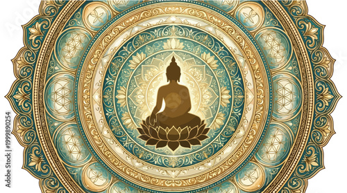 Minimalist continuous line art of a meditating Buddha figure.