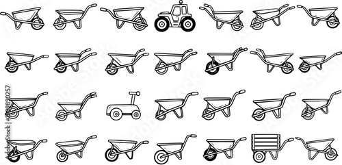 Agriculture and Gardening Tools Vector Collection: Black  White Line Art Icons of Wheelbarrows and Tractor