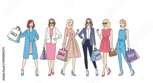 Group of six stylishly dressed women carry various colorful shopping bags from a successful fashion retail outing.