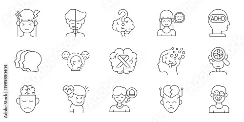 Modern linear icons of mental health. Depicting emotional well-being, psychological conditions, stress, anxiety, depression, and brain health concepts