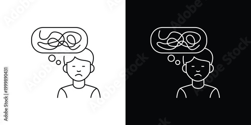 Line art icon of a person with a worried expression and a tangled mess inside a thought bubble, symbolizing confusion, stress, and mental health challenges