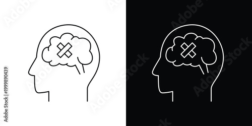 Silhouette of human head with a brain icon marked with an X, symbolizing mental health challenges or cognitive impairment
