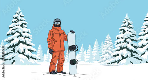Male snowboarder in a bright orange winter jacket and pants stands with his snowboard in a snowy green pine forest.