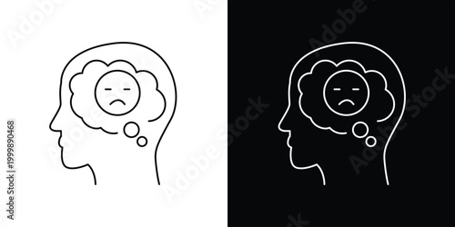 Mental Health Icons Representing Sadness, Depression, and Negative Emotions in a Thought Bubble