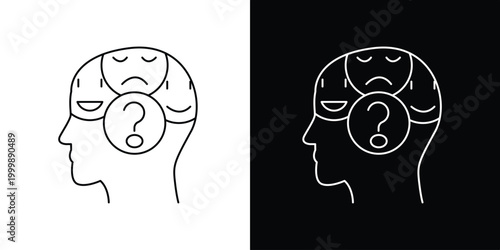 Abstract icon illustration depicting the multifaceted nature of human emotions and mental states, with elements of confusion and a questioning mind
