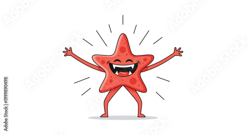 Jolly cartoon starfish with a wide toothy smile and raised arms radiates great happiness on a plain white background.