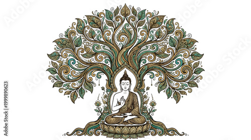 Line art illustration of a meditating Buddha figure in lotus position.
