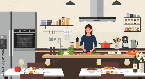 Woman prepares healthy food in a spacious modern kitchen featuring a large refrigerator and cozy dining tables for guests.