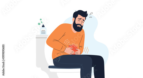 Illustration of a man sitting on a toilet looking unwell and experiencing stomach pain or digestive issues at home.