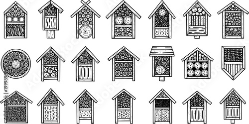 Black  White Line Art Doodle Collection of various Insect Hotels, Bug Houses, and Bee Habitats for Nature Conservation and Gardening Design Elements
