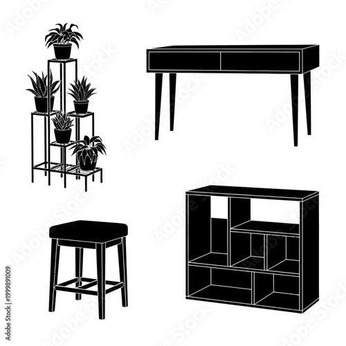 Modern black furniture and plant stand.