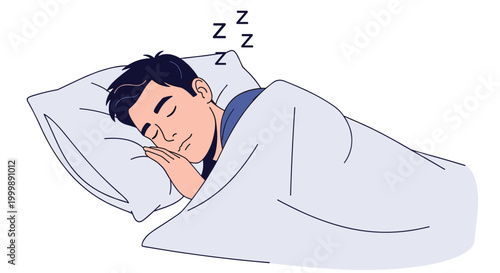 Man sleeping soundly in his bed under a white duvet with his hands tucked under his head for a restful night sleep.
