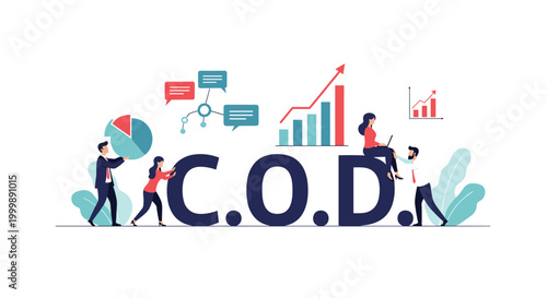 Business team working together around large letters that spell out COD along with various financial growth charts.