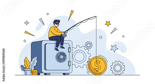 Thief wearing a mask sits on top of a giant safe while fishing for a large gold coin using a traditional fishing rod.