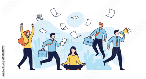 Calm woman meditating in a lotus pose while her office is filled with chaotic workers and flying business documents.