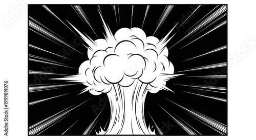 Black and white illustration of a comic book style explosion.