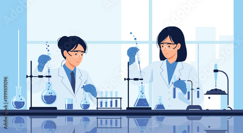Two female scientists in white lab coats work together in a laboratory setting while handling glass flasks and liquids.