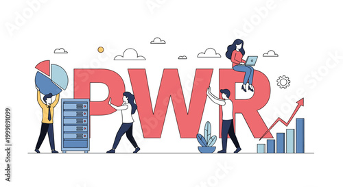 Diverse business people collaborating around large letters that spell PWR while looking at data charts and servers.