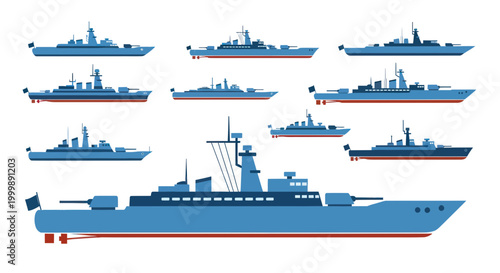 Set of Warships, Military Naval Vessels Collection, Flat Vector Illustration