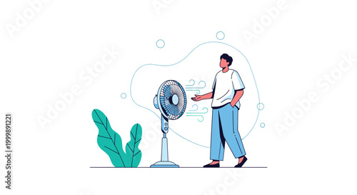 Man standing in front of a blue electric floor fan to get relief from the hot summer weather and cool down at home.